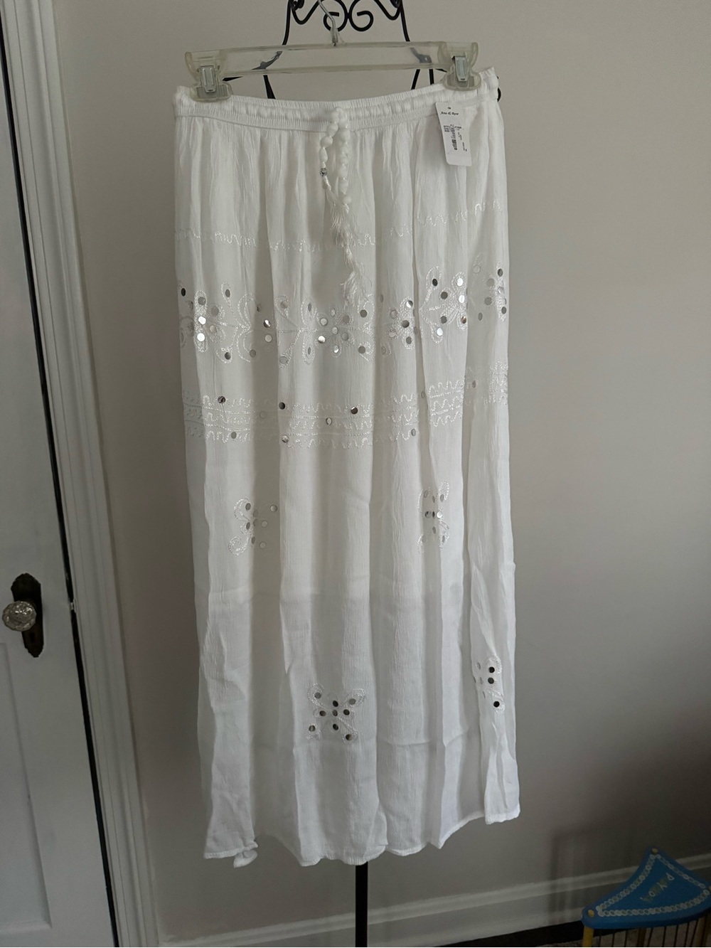 Boho White Eyelet Maxi Skirt with Tassel Drawstring